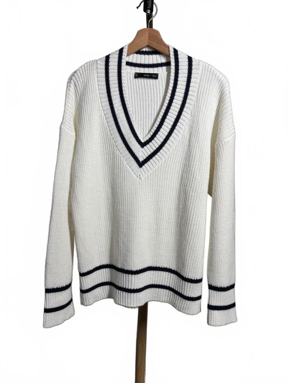 Mango White V-Neck Ribbed Sweater with Black Stripes